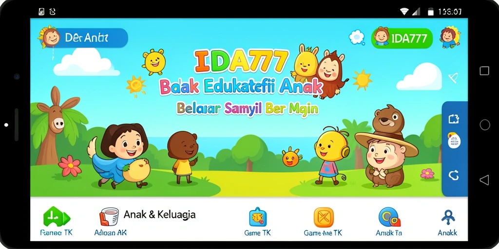 Tampilan antarmuka aplikasi IDA777 yang ceria dan ramah anak.